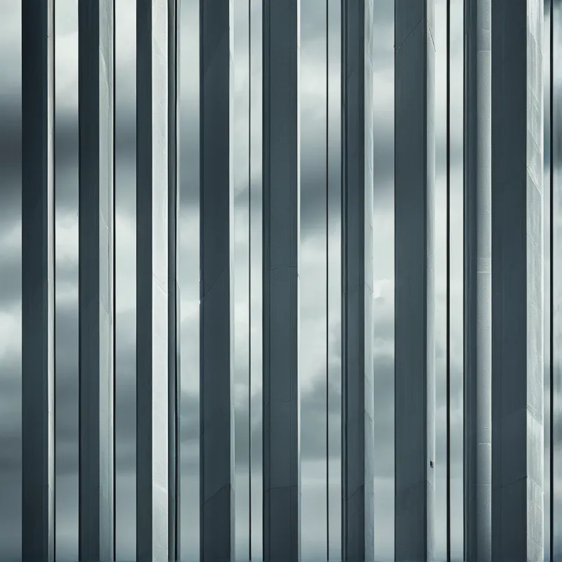 Tall grey pillars stand in a row against a wide overcast sky filled with dense clouds and diffuse light