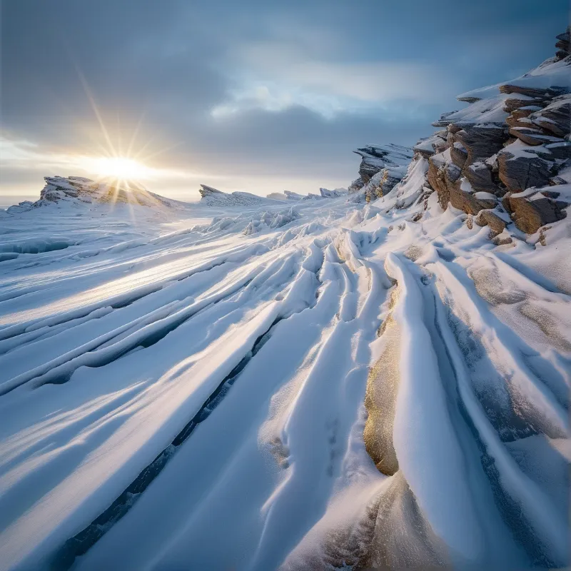 Wind sculpted snow covers a rocky alpine ridge where deep blue ice crevasses catch light from a low sun on the horizon.