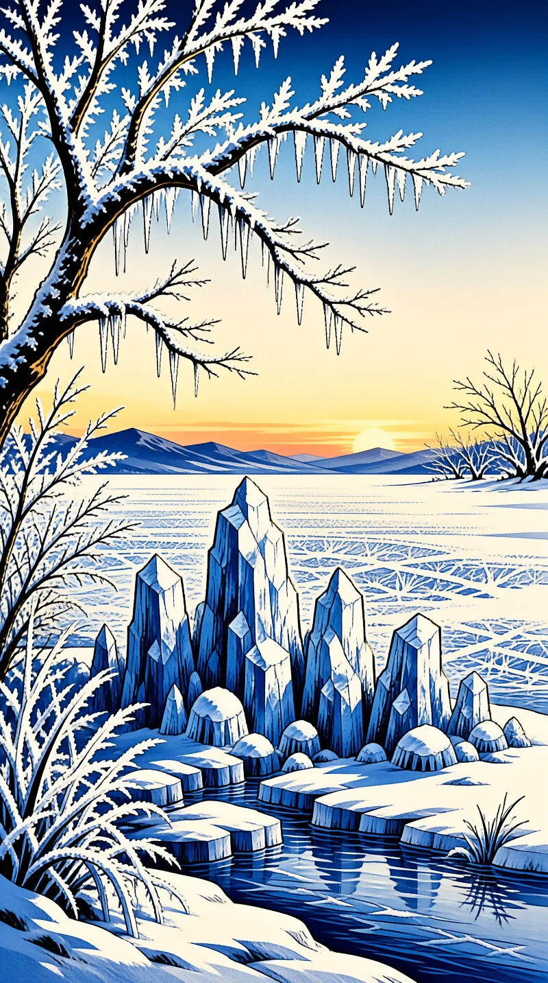 Sharp ice spires emerge from the snow near a frozen river as the sun sets behind distant blue mountains.