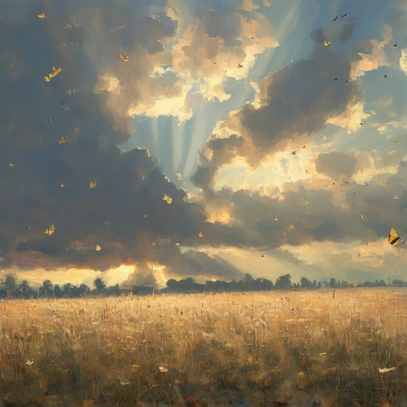 Numerous butterflies drift through a cloud-filled sky illuminated by sunbeams above a sprawling golden field.