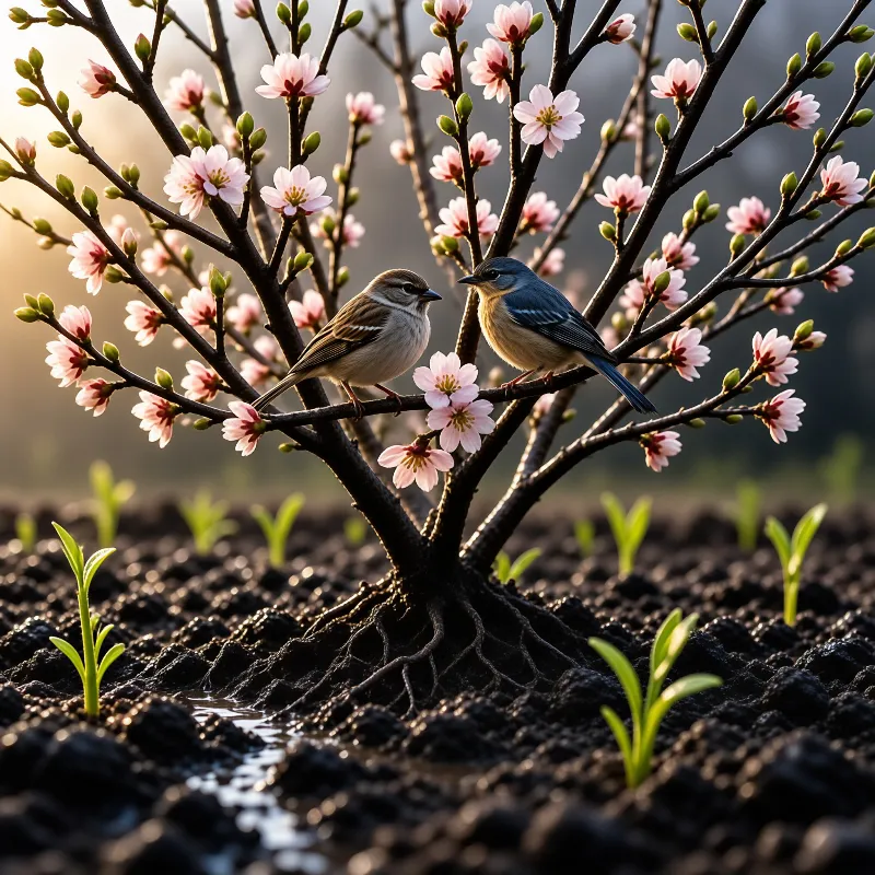 Two birds sit on flowering branches above dark soil where green sprouts emerge under warm golden sunlight.
