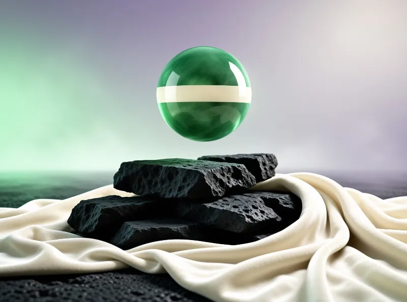 Green glass sphere with a pale band floats above porous black stones on cream fabric against a soft green lavender gradient backdrop.