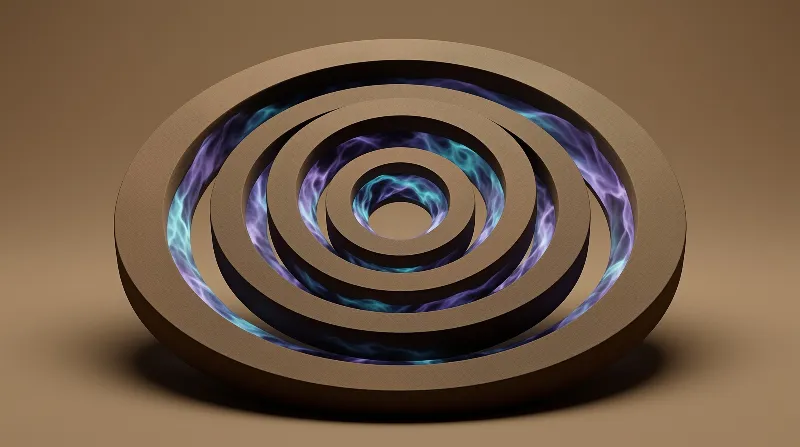 A high angle view of a brown concentric spiral model featuring purple and cyan glowing spaces between the nested walls.