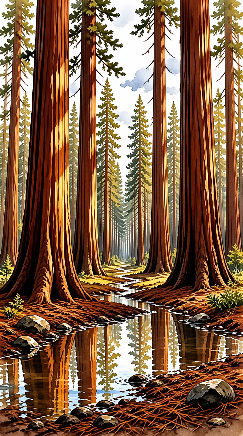 Tall reddish-brown tree trunks stand on either side of a shallow winding stream reflecting the forest and sky.