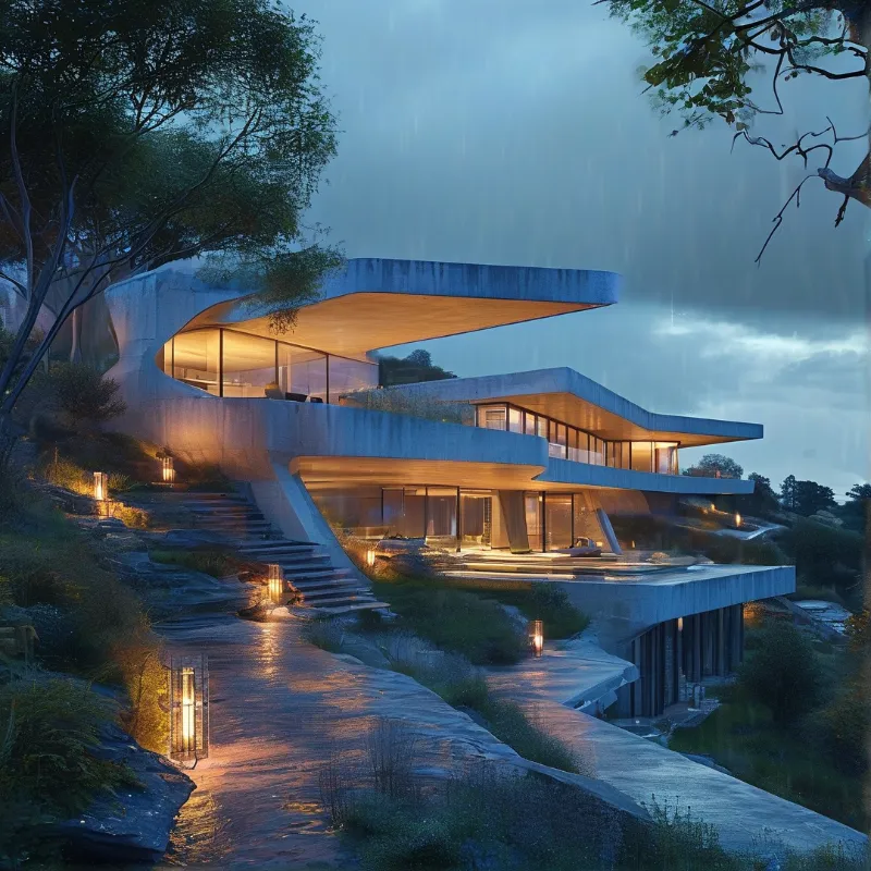 Cantilevered concrete home on a wooded sloped hill glows warmly as rain falls during blue hour twilight
