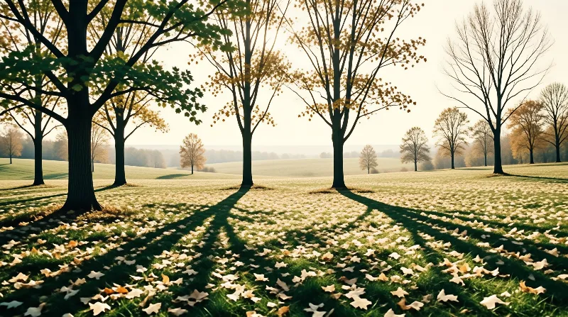 A serene landscape features scattered autumn leaves on grass beneath tall trees with elongated shadows cast by low sunlight