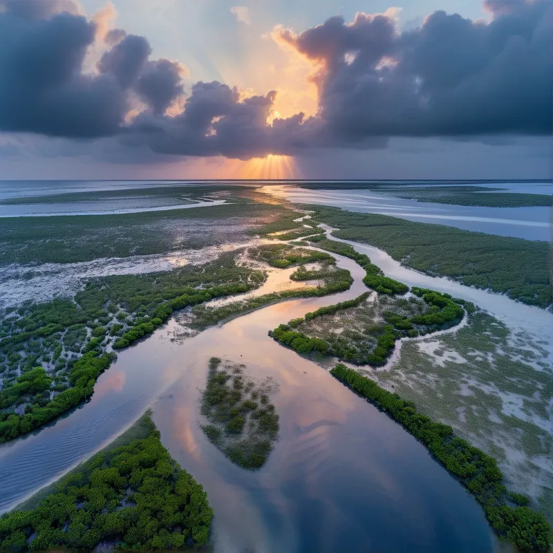 Aerial view of a winding river through mangrove forests under a dramatic sunset sky with sun rays piercing through clouds
