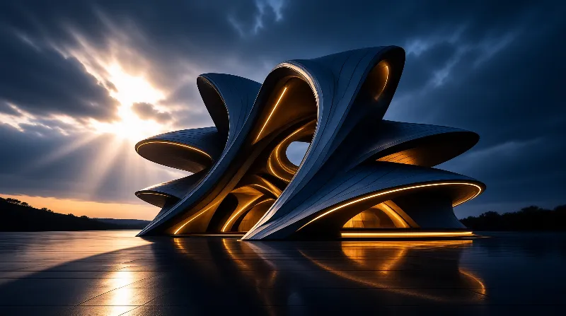 A sweeping futuristic structure with glowing edges stands on a reflective plaza at sunset.
