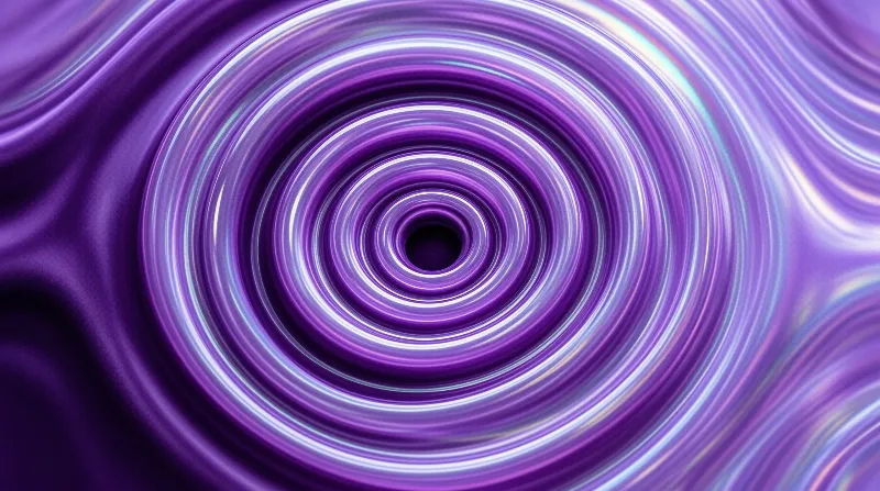 A swirling purple vortex of concentric rings radiating from a dark center, highlighted by luminous white and blue iridescent light.