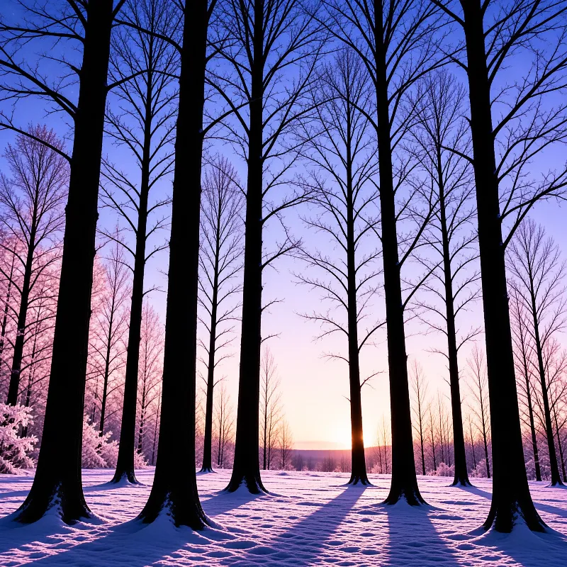 Tall bare trees stand in snow casting long shadows across a purple and pink twilight landscape at dawn or dusk.