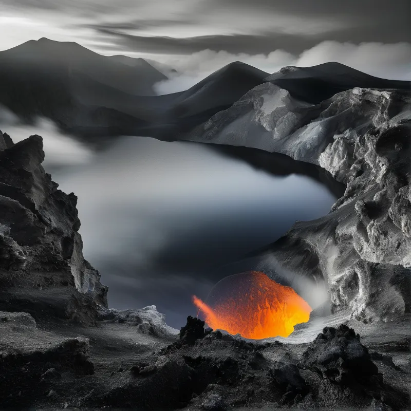 A small molten cone burns orange in a monochrome volcanic basin, its smoke drifting over a mirror still lake.