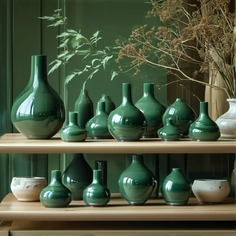 Various glossy green ceramic vessels rest on light wooden shelves beside dried botanical stems.