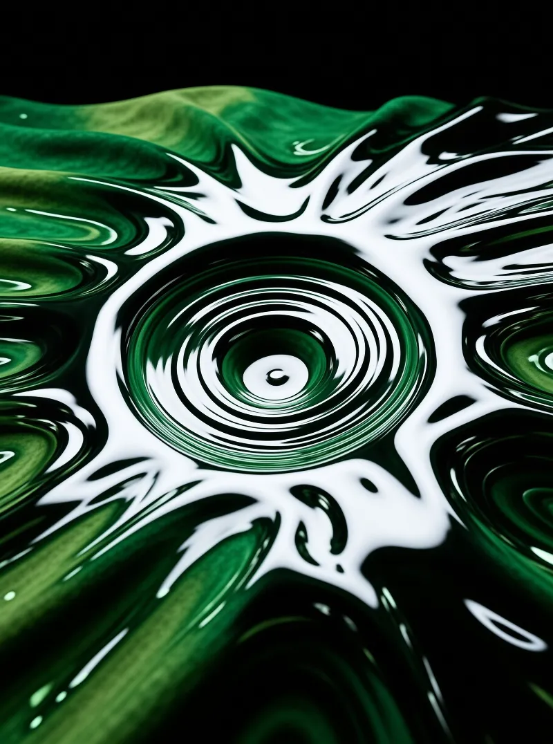 A close-up view of a viscous green liquid surface features concentric circular ripples and wavy distortions while bright white highlights reflect off the glossy texture against a dark background to emphasize the fluid's depth and movement.