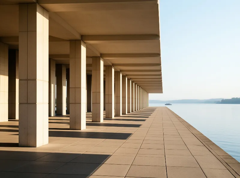 A long series of beige pillars casts strong geometric shadows on a tiled walkway beside calm blue water under a clear sky.