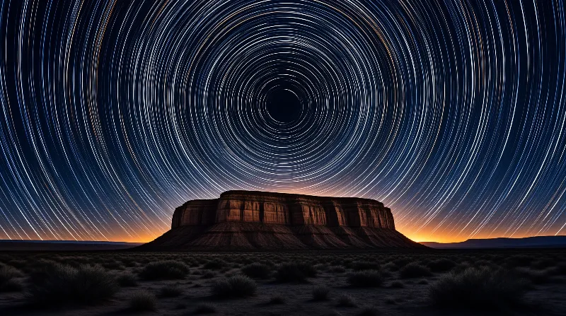 Concentric star trails circle in a deep blue night sky above a dark flat topped desert mesa with orange glow at the horizon.