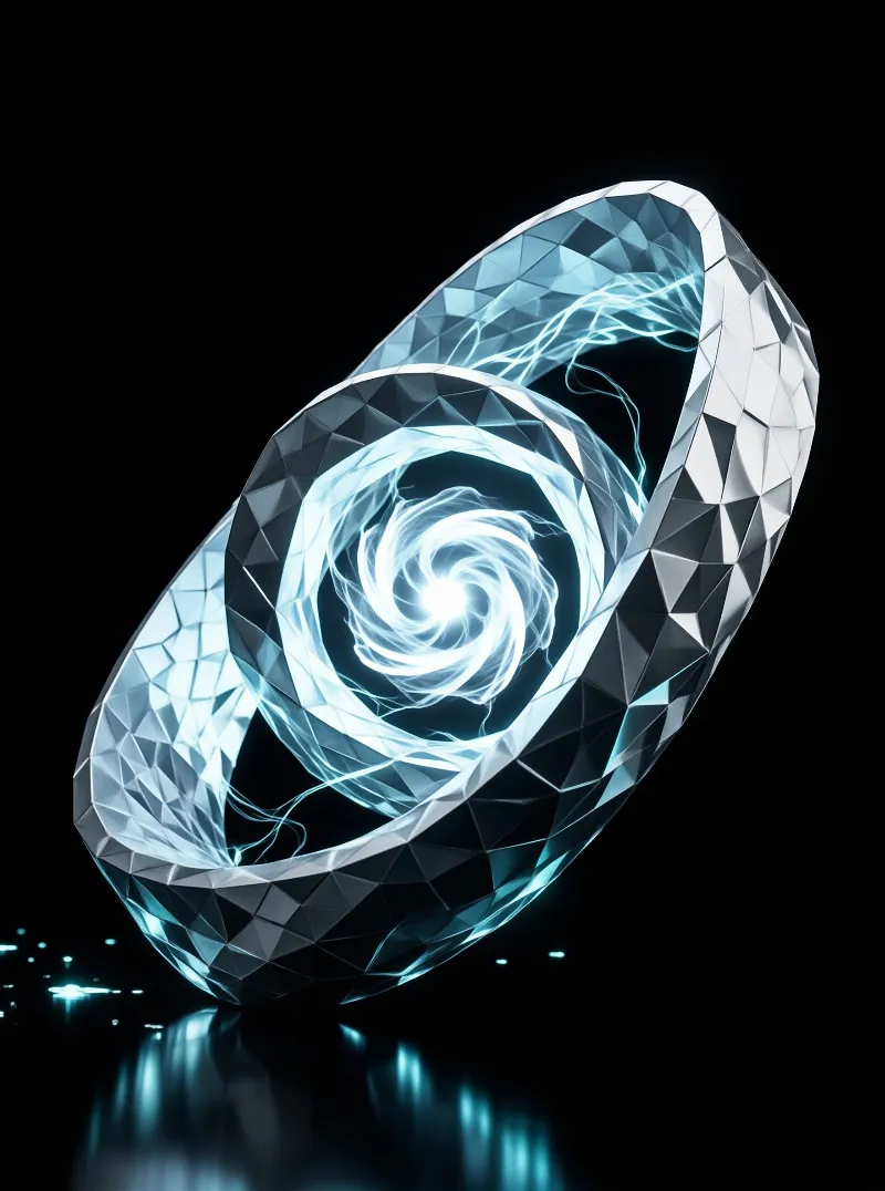 A faceted geometric loop surrounds a swirling blue energy vortex against a dark background