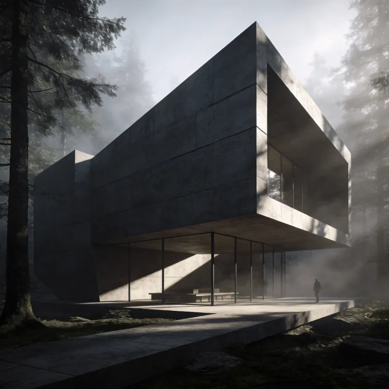 Pavilion with Brutalist Massing — Misty Forest
