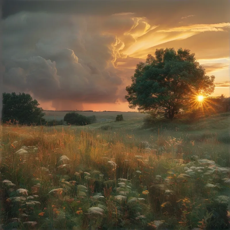 A tree stands on the right with sun shining through branches against dark storm clouds and golden light above a grassy field