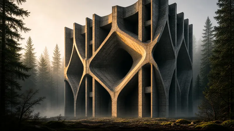 Brutalist Concrete Monolith in Misty Forest