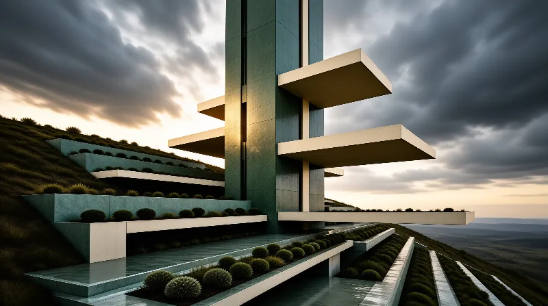 Cantilevered platforms and planted terraces climb a grassy slope toward a dark cloud bank.