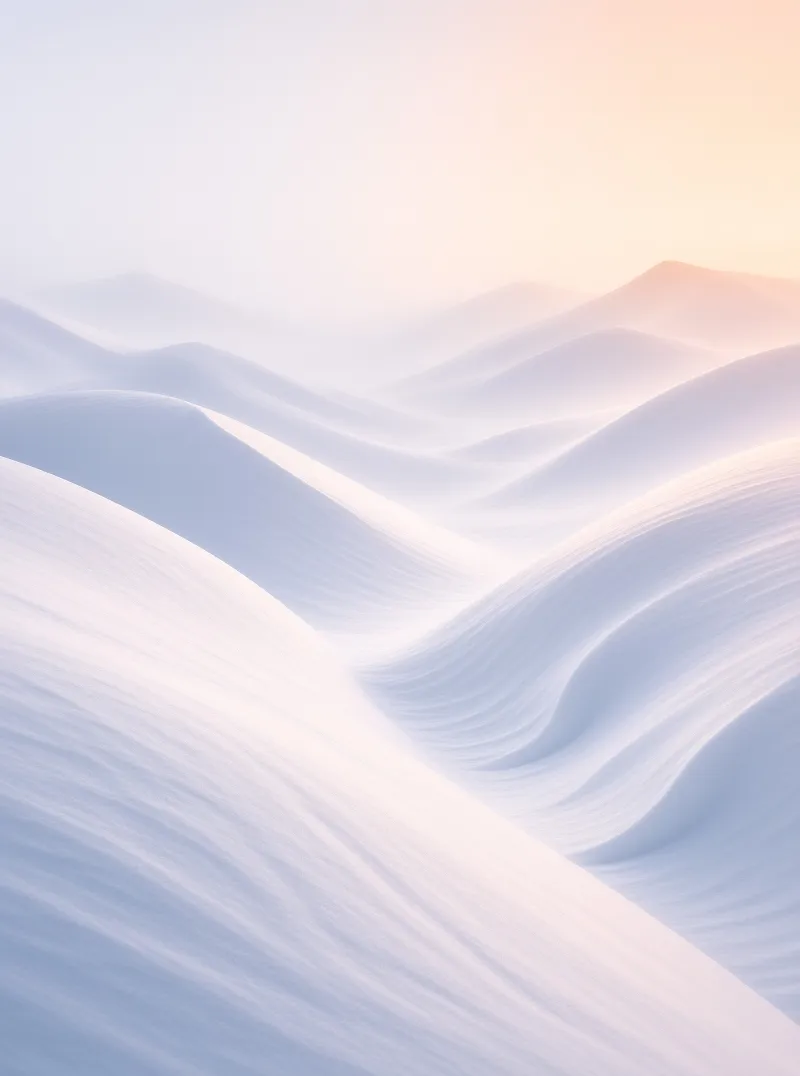 Gentle waves of pale snow or sand dunes ripple into the distance under a gradient of lavender and peach light.