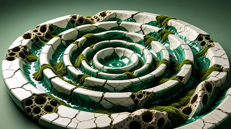Concentric rings of pale glazed stone spiral inward over shallow green pools dotted with soft moss.