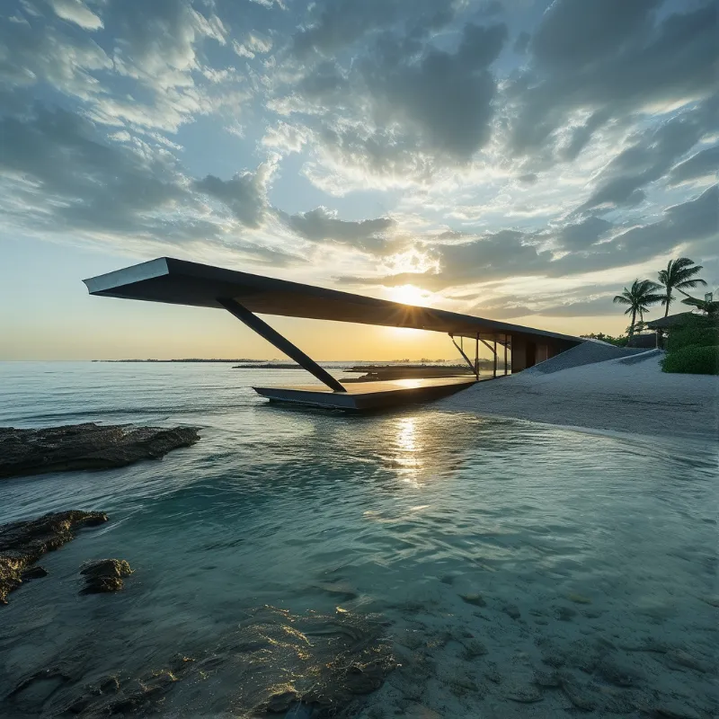 Modern beach house with cantilevered roof on sandy shore at sunset, with golden light reflecting on water and sand.