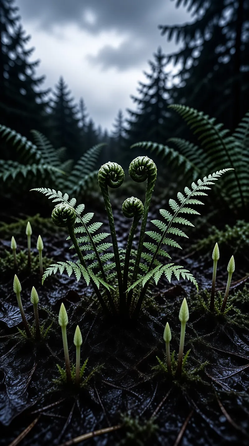 Coiled young ferns rise from dark wet leaf mould beside pale shoots, with blurred evergreens and storm cloud behind them.