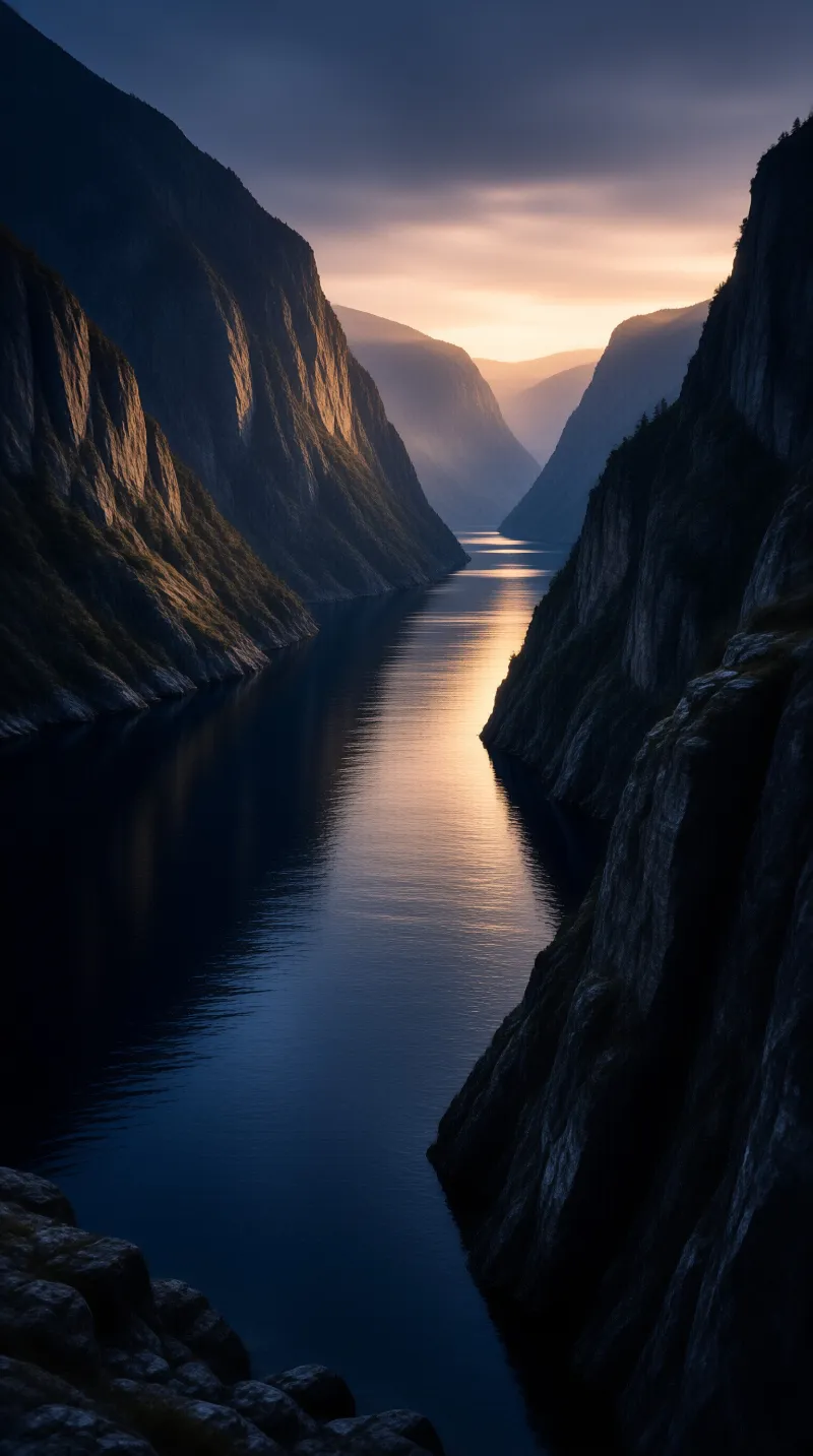 A calm body of water winds through a deep valley flanked by towering dark rock walls touched by the soft light of dawn.