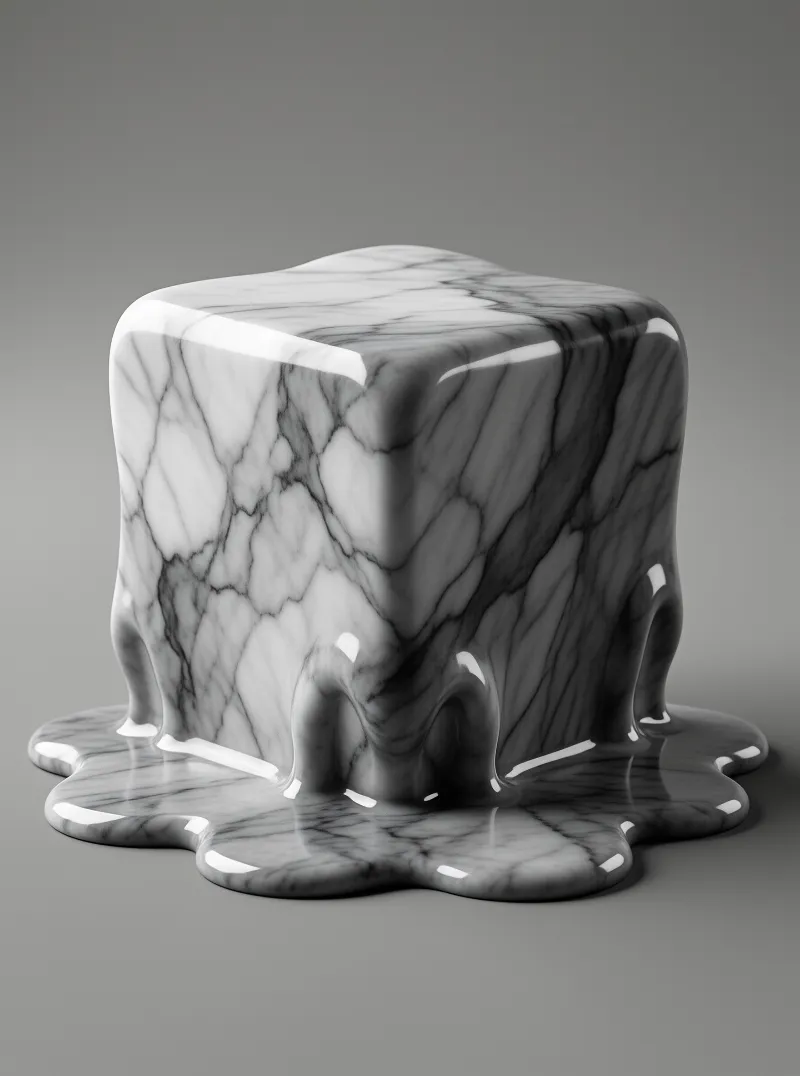 A glossy white and grey marble cube sits on a smooth grey surface with liquid material dripping from its base. The object reflects light sharply along its curved edges while the melted pool spreads outward on the ground.