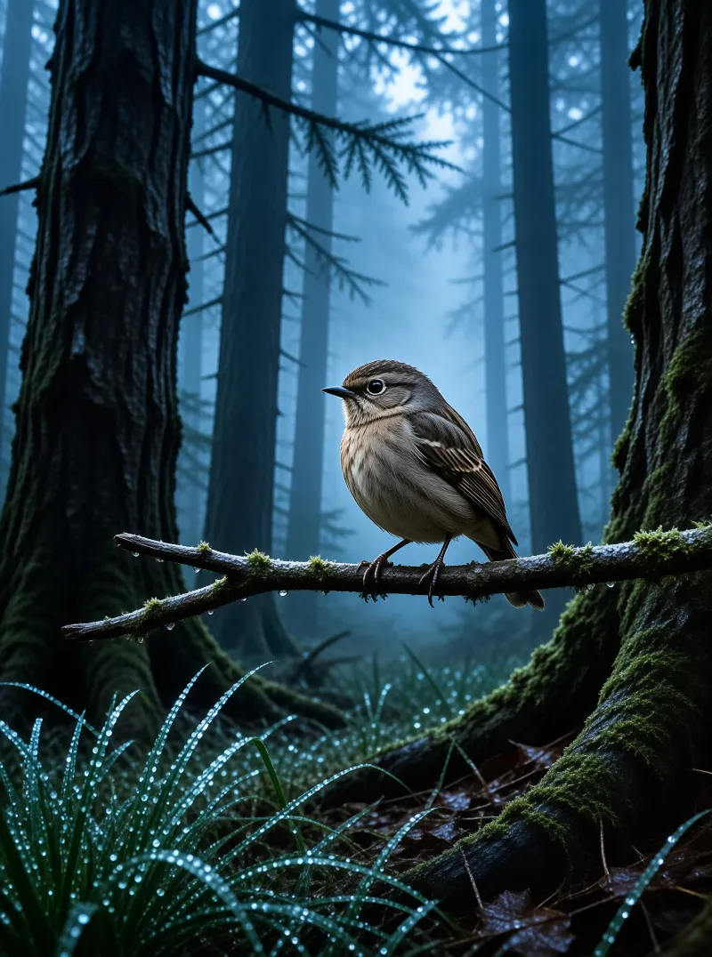 A tiny warbler rests on a dew-covered twig surrounded by towering trees and blue mist.