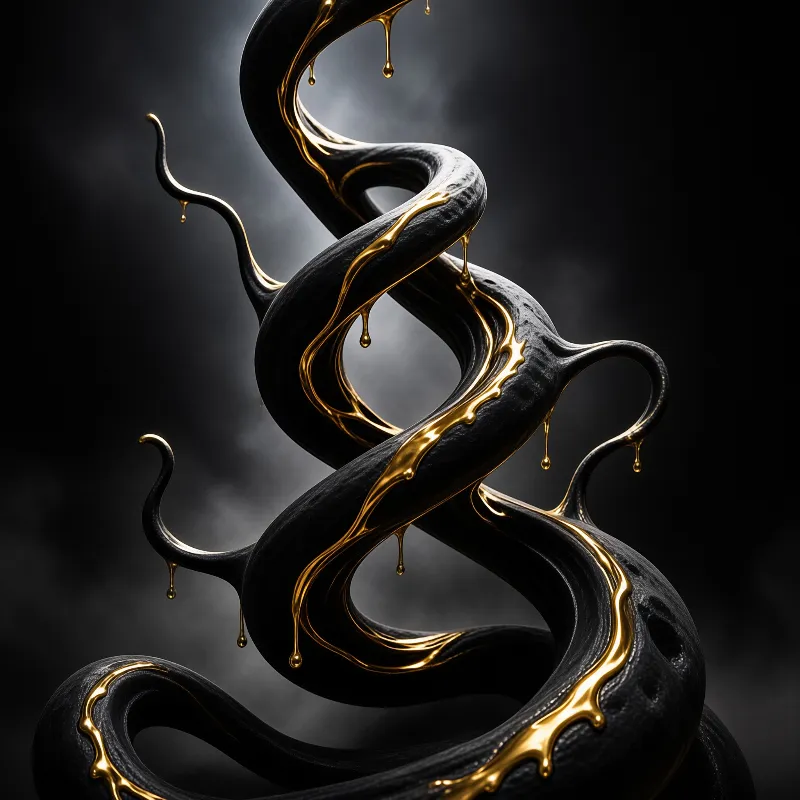 Bright yellow metal runs down a dark spiral form against a smoky gray backdrop with sharp highlights.