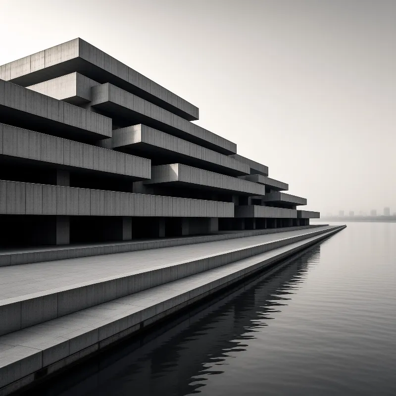 A brutalist concrete building with cantilevered floors extends over a calm body of water under a grey sky.
