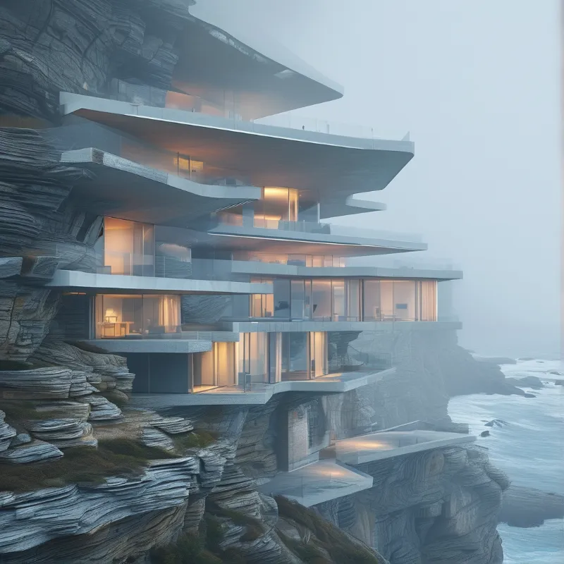 A futuristic home built into a rocky cliff with warm glowing windows against a cool misty ocean background.