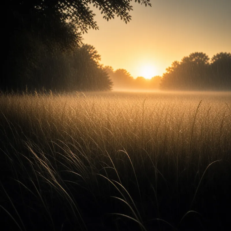A landscape view of a grassy meadow filled with atmospheric fog as the sun rises brightly between distant trees.