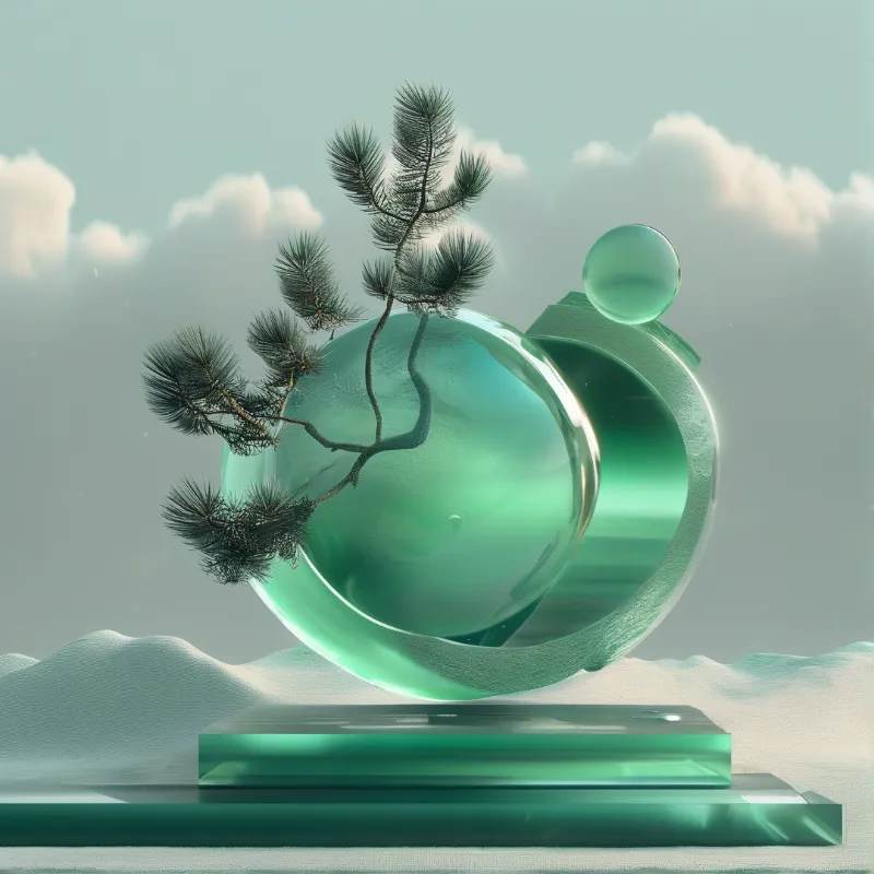 A translucent green sphere accompanied by pine branches and a curved ring stands on a base beneath soft clouds.