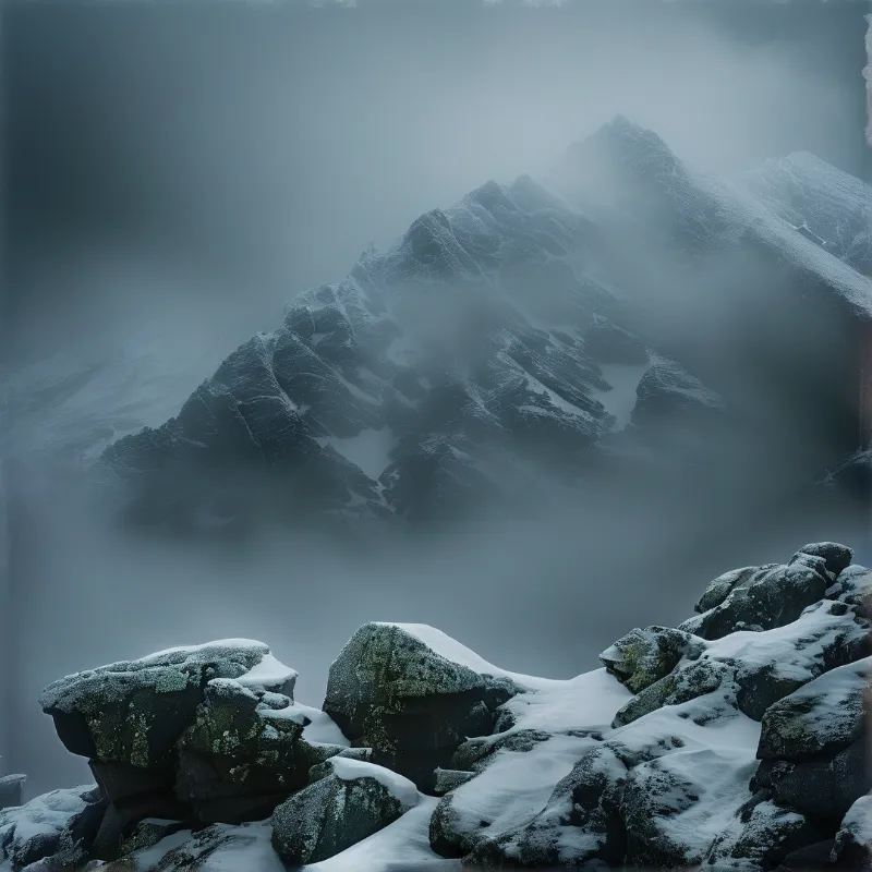 Dark lichen covered boulders in the foreground give way to a snow dusted ridge shrouded in thick grey mist.