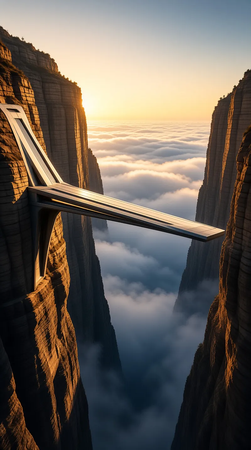 A sleek glass viewing platform projects from a sandstone cliff above a glowing sea of clouds at sunrise.