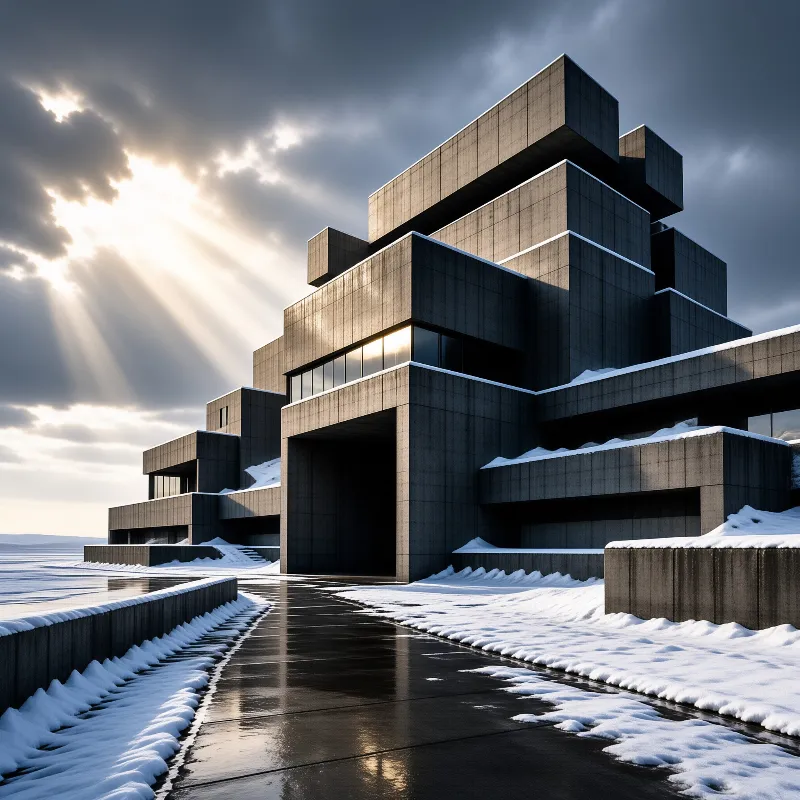 Heavy concrete geometry dominates a snowy scene as golden rays pierce the cloudy sky.