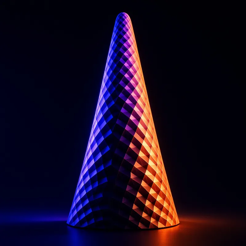A tall cone covered in small diamond-shaped facets against black, split between cool violet light and warm orange.