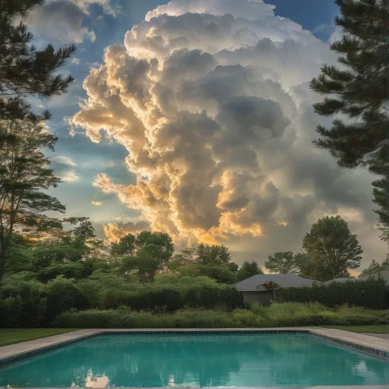 A massive golden-lit cloud formation towers above a backyard swimming pool framed by pine trees during twilight hours.