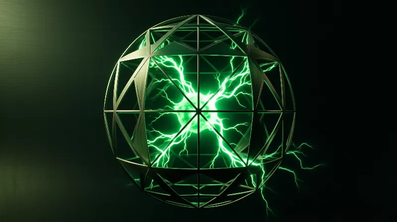 A geometric metal spherical frame encloses vivid green branching electrical arcs against a dark gradient backdrop