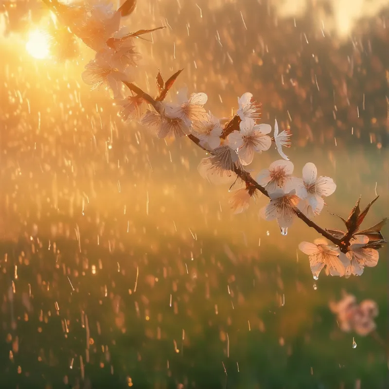 Sunlit Blossoms in Rain