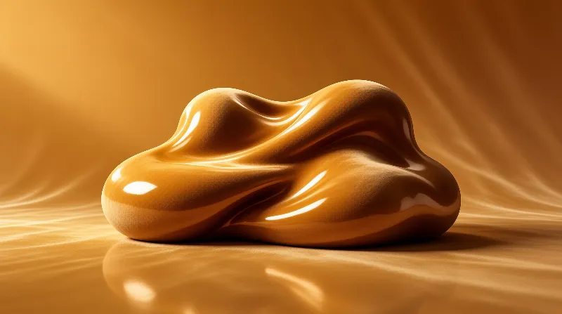A smooth glossy caramel-colored amorphous object rests on a warm golden surface with soft wavy light reflecting its curves.