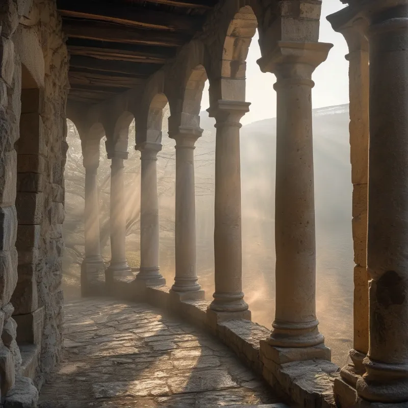 Rows of classical stone columns line a narrow stone walkway as golden light cuts through the mist beyond the arched openings.