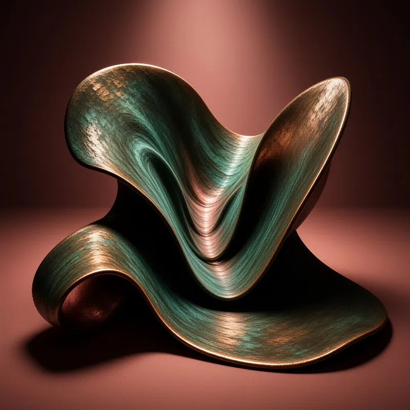 An abstract metal sculpture featuring swirling curves of bronze and verdigris green resting against a soft pink studio background.