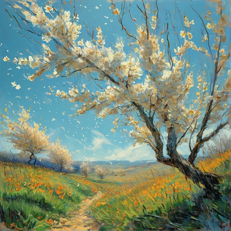 Painted blooming trees stand on a bright sunlit spring meadow scattered with orange flowers under a clear blue sky.