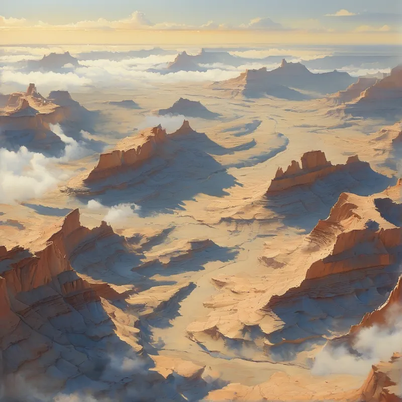 Eroded sandstone cliffs rise above a valley filled with rolling clouds under a soft sky