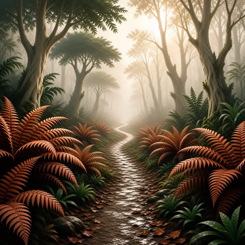 A dirt trail winds through a foggy forest filled with large rust colored ferns and tall trees bathed in golden sunlight.