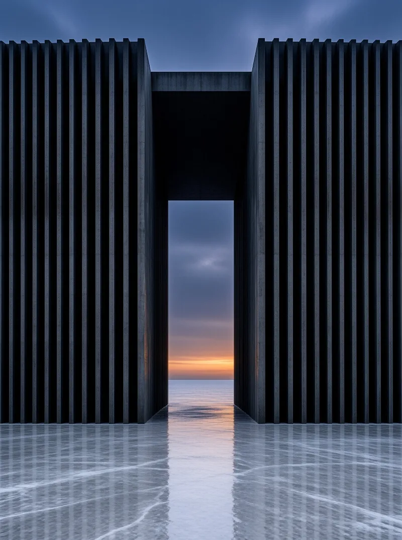 Dark ribbed architecture frames a view of the calm sea and warm horizon.